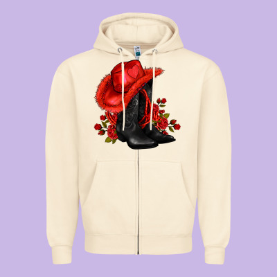 Valentines Day Cowboy Boots Red  And Roses Zipper Hoodie Designed By Adodesignshop