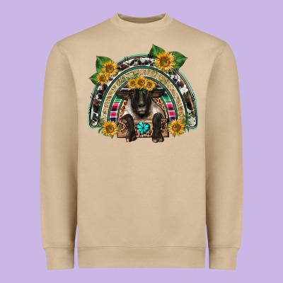 Suffolk Ewe Front Sunflowers Rainbow Heavyweight Sweatshirt Designed By Barkaloodesign