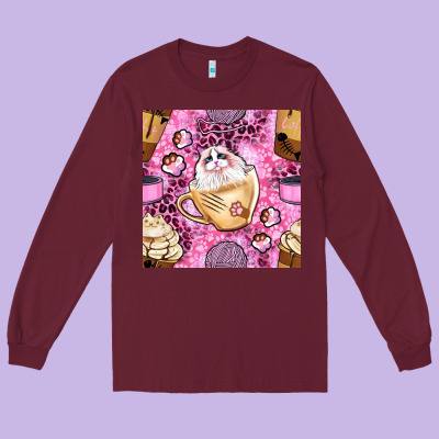 Cat Coffee Cups And Paw With Leopard And Glitter Seamless Pattern Bbs Long Sleeve Tee Designed By Bundleandbundleshop