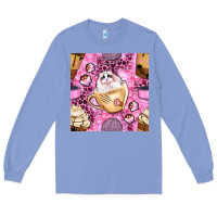Colony Blue cat coffee cups and paw with leopard and glitter seamless pattern bbs Long Sleeve Tee - BundleAndBundleShop