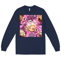 Navy cat coffee cups and paw with leopard and glitter seamless pattern bbs Long Sleeve Tee - BundleAndBundleShop