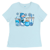 Baby Blue winter snowman coffee cups Ladies Tee - CowGirlArtShop