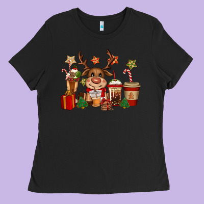 Reindeer Coffe Cups Christmas Ladies Tee Designed By Cowgirlartshop