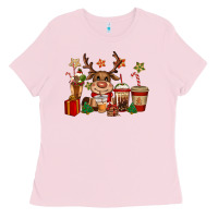 Bubblegum Pink reindeer coffe cups christmas Ladies Tee - CowGirlArtShop