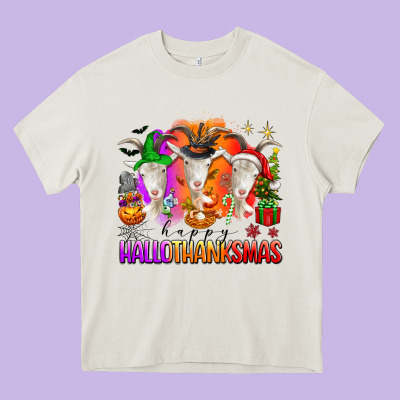 Happy Hallothanksmas Goats Heavy Core Tee Designed By Texasbilliewilder