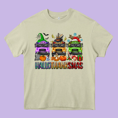 Hallothanksmas School Bus Heavy Core Tee Designed By Texasbilliewilder