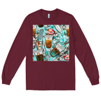 Burgundy dentist coffee cups toothpaste and teeth with cowhide seamless pattern Long Sleeve Tee - BundleAndBundleShop