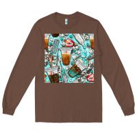 Chestnut dentist coffee cups toothpaste and teeth with cowhide seamless pattern Long Sleeve Tee - BundleAndBundleShop