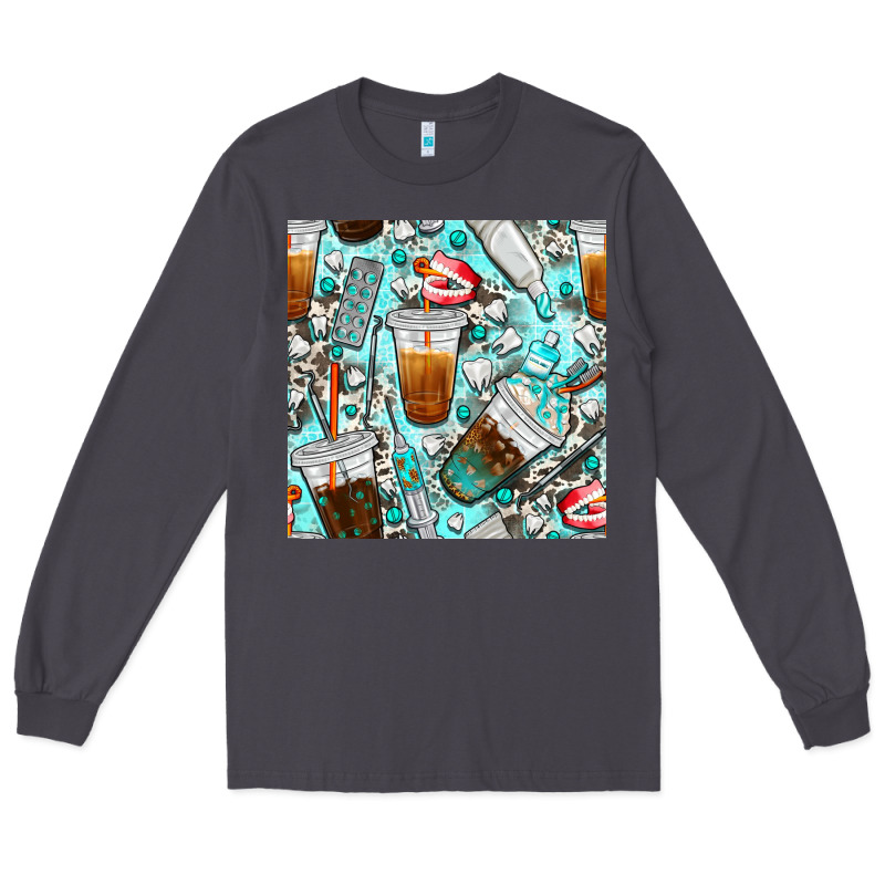 Dentist Coffee Cups Toothpaste And Teeth With Cowhide Seamless Pattern Long Sleeve Tee by BundleAndBundleShop | Teevron
