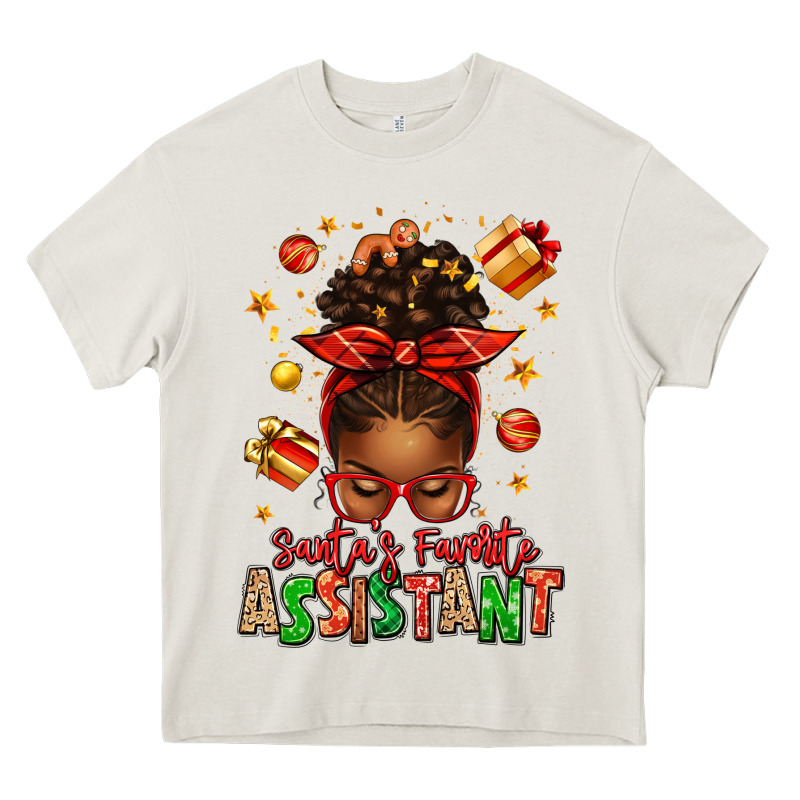 Santa's Favorite Assistant Afro Messy Bun Heavy Core Tee by texasbilliewilder | Teevron