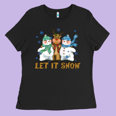 Let It Snow Reindeer Snowman Ladies Tee Designed By Cowgirlartshop