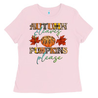 Bubblegum Pink autumn leaves and pumpkins please Ladies Tee - CowGirlArtShop