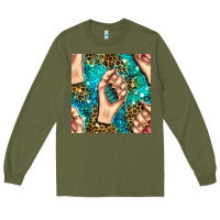 Army Green nail art with leopard and turquoise  gemstone seamless pattern bbs Long Sleeve Tee - BundleAndBundleShop
