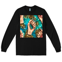 Black nail art with leopard and turquoise  gemstone seamless pattern bbs Long Sleeve Tee - BundleAndBundleShop