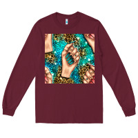Burgundy nail art with leopard and turquoise  gemstone seamless pattern bbs Long Sleeve Tee - BundleAndBundleShop