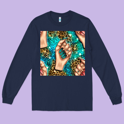 Nail Art With Leopard And Turquoise  Gemstone Seamless Pattern Bbs Long Sleeve Tee Designed By Bundleandbundleshop