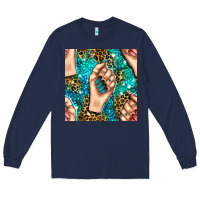 Navy nail art with leopard and turquoise  gemstone seamless pattern bbs Long Sleeve Tee - BundleAndBundleShop