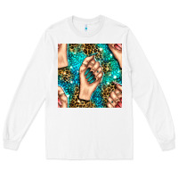 White nail art with leopard and turquoise  gemstone seamless pattern bbs Long Sleeve Tee - BundleAndBundleShop