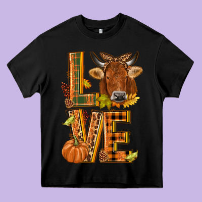 Love Fall Cow Heavy Core Tee Designed By Nancycooperartshop