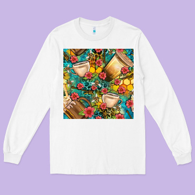 Honey And Bee Coffee Cup With Flowers And Leopard Seamless Pattern Bbs Long Sleeve Tee Designed By Bundleandbundleshop