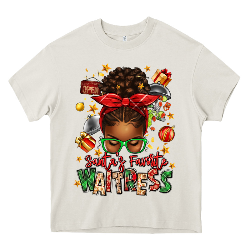 Santa's Favorite Waitress Messy Bun Heavy Core Tee by texasbilliewilder | Teevron