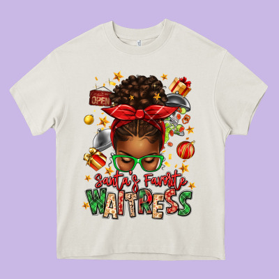 Santa's Favorite Waitress Messy Bun Heavy Core Tee Designed By Texasbilliewilder