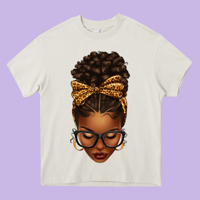 Afro Messy Bun Leopard Bow Heavy Core Tee Designed By Texasbilliewilder