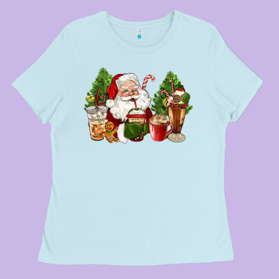 Santa Coffee Cups Christmas Ladies Tee Designed By Cowgirlartshop