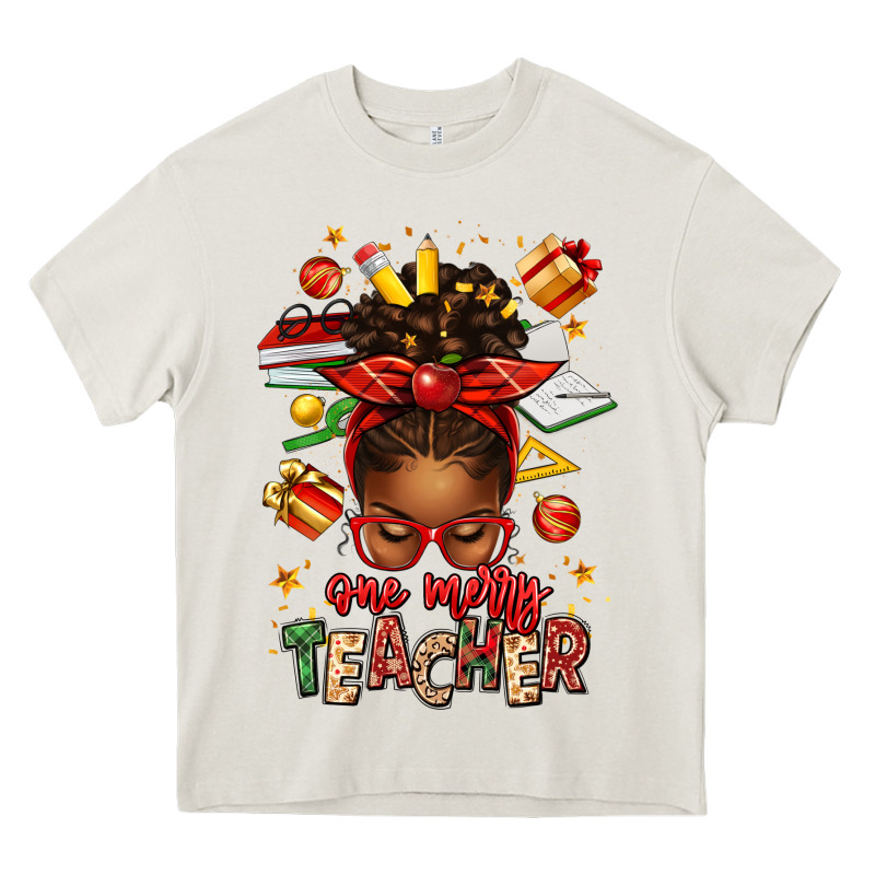 One Merry Teacher Afro Messy Bun Heavy Core Tee by texasbilliewilder | Teevron