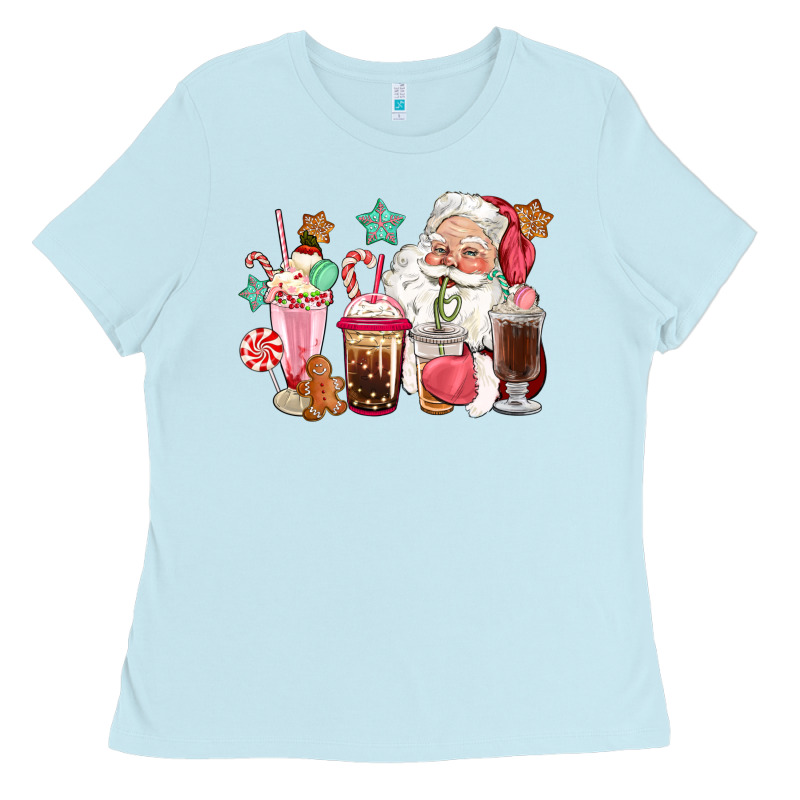 Pink Santa Christmas Santa Coffe Cups Ladies Tee by CowGirlArtShop | Teevron