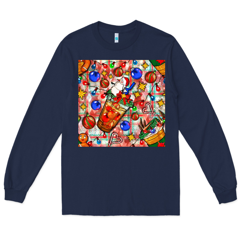Christmas Coffee Cups Ornaments And Lights With Diamond Plaid Seamless Long Sleeve Tee by BundleAndBundleShop | Teevron