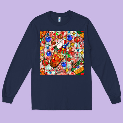 Christmas Coffee Cups Ornaments And Lights With Diamond Plaid Seamless Long Sleeve Tee Designed By Bundleandbundleshop