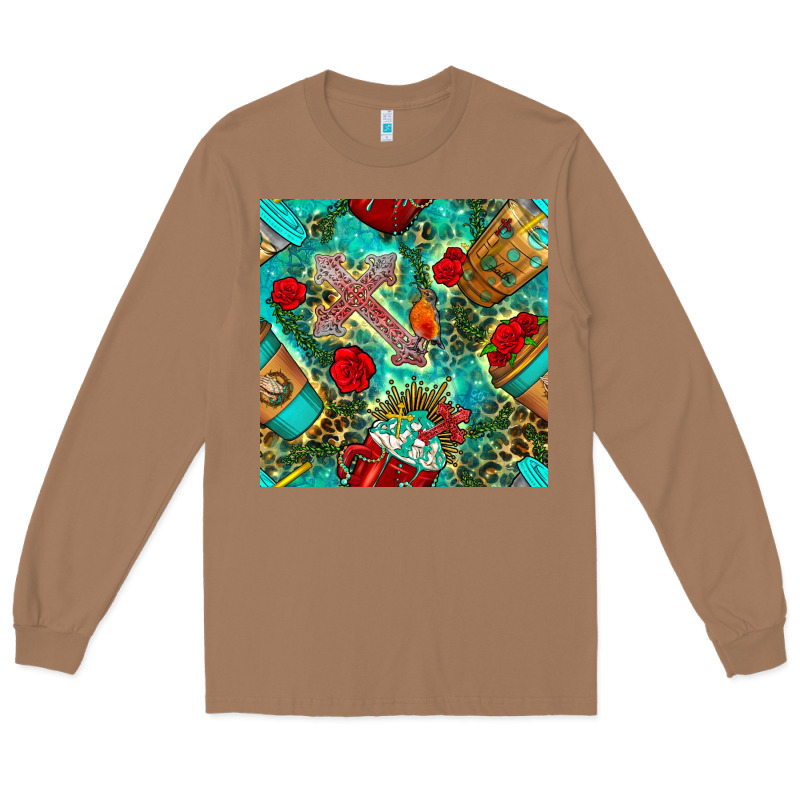Faith Coffee Cup And Cross With Leopard And Roses Seamless Pattern Bbs Long Sleeve Tee by BundleAndBundleShop | Teevron