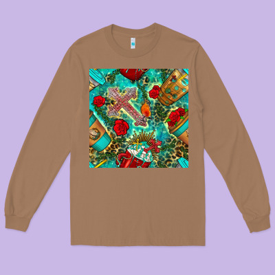 Faith Coffee Cup And Cross With Leopard And Roses Seamless Pattern Bbs Long Sleeve Tee Designed By Bundleandbundleshop