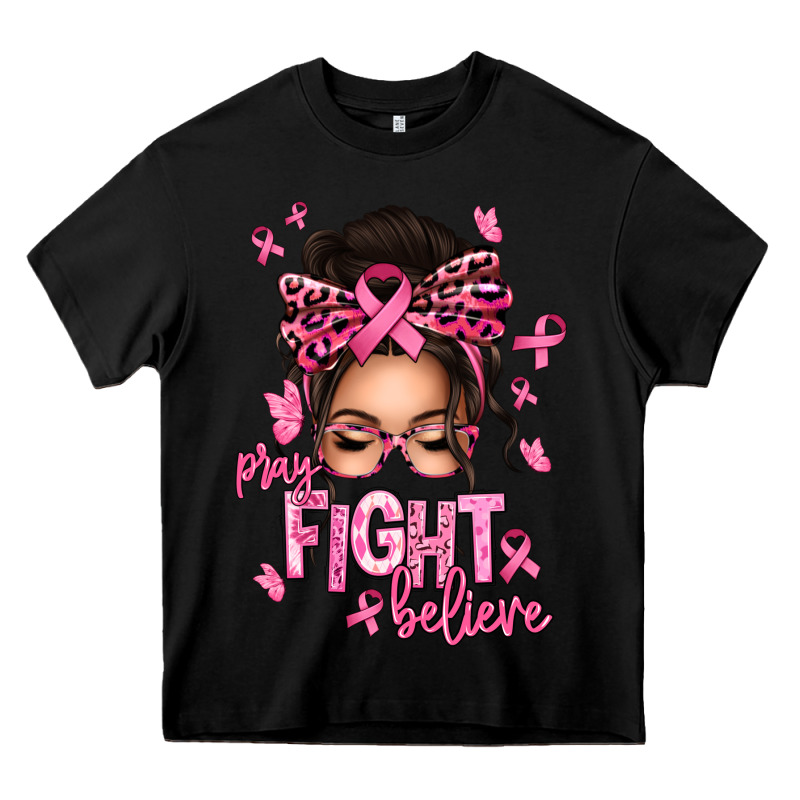 Pray Fight Believe Breast Cancer Afro Messy Bun Heavy Core Tee by texasbilliewilder | Teevron