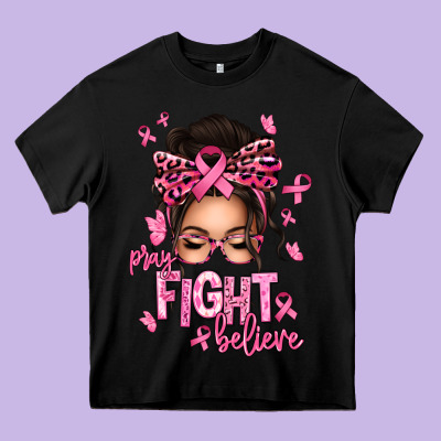 Pray Fight Believe Breast Cancer Afro Messy Bun Heavy Core Tee Designed By Texasbilliewilder