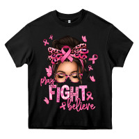 Black pray fight believe breast cancer afro messy bun Heavy Core Tee - texasbilliewilder