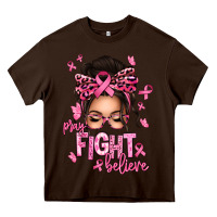 Chocolate Brown pray fight believe breast cancer afro messy bun Heavy Core Tee - texasbilliewilder
