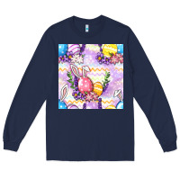 Navy Easter Eggs With Flowers Seamless Pattern Long Sleeve Tee - BundleAndBundleShop