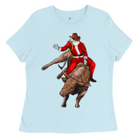 Baby Blue santa riding a bull Ladies Tee - CowGirlArtShop