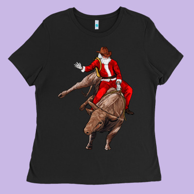 Santa Riding A Bull Ladies Tee Designed By Cowgirlartshop