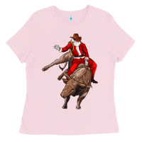 Bubblegum Pink santa riding a bull Ladies Tee - CowGirlArtShop