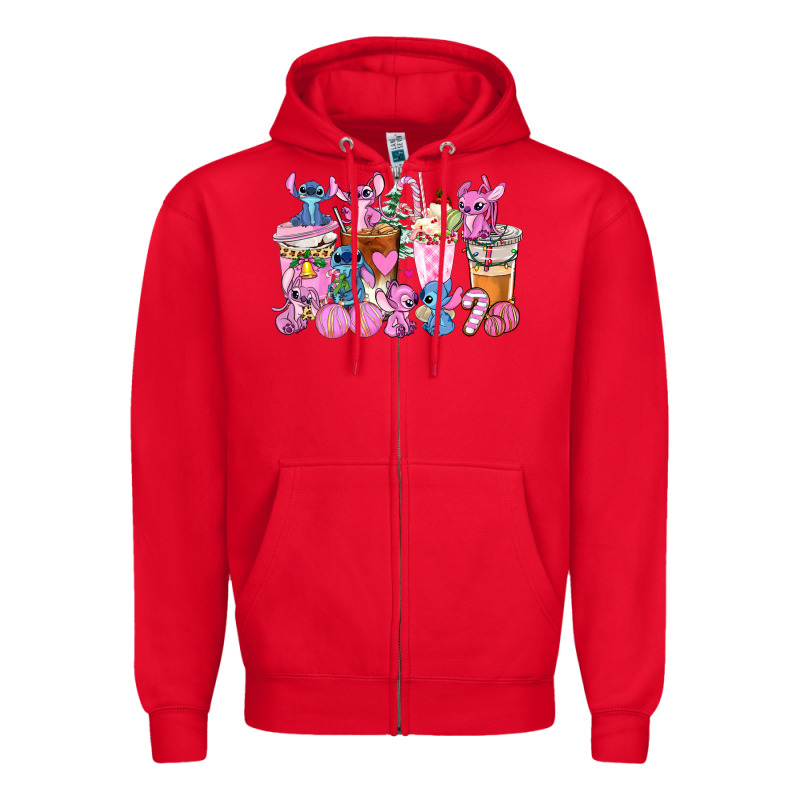 Stitch And Lilo Pink Christmas Coffee Cups Zipper Hoodie by AdoDesignShop | Teevron