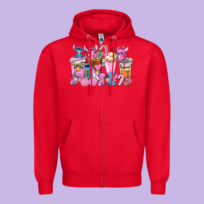 Stitch And Lilo Pink Christmas Coffee Cups Zipper Hoodie Designed By Adodesignshop