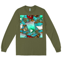 Army Green fish coffee cups and reeds with paper boat and leopard lake seamless p Long Sleeve Tee - BundleAndBundleShop