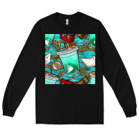 Black fish coffee cups and reeds with paper boat and leopard lake seamless p Long Sleeve Tee - BundleAndBundleShop