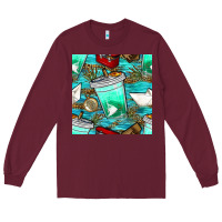 Burgundy fish coffee cups and reeds with paper boat and leopard lake seamless p Long Sleeve Tee - BundleAndBundleShop