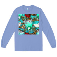 Colony Blue fish coffee cups and reeds with paper boat and leopard lake seamless p Long Sleeve Tee - BundleAndBundleShop