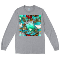 Heather Grey fish coffee cups and reeds with paper boat and leopard lake seamless p Long Sleeve Tee - BundleAndBundleShop