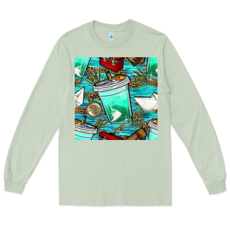 Fish Coffee Cups And Reeds With Paper Boat And Leopard Lake Seamless P Long Sleeve Tee by BundleAndBundleShop | Teevron